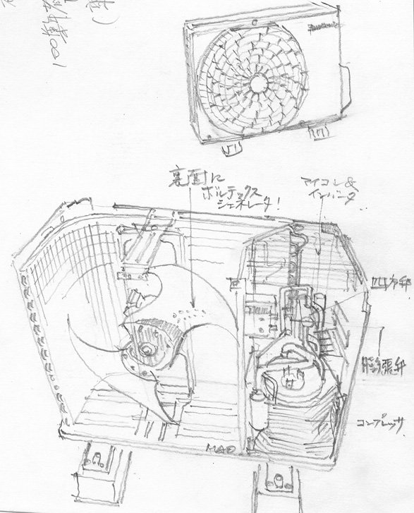 4年前の分解時の走り描きがふらっと出てきたので載せとく。 #室外機 