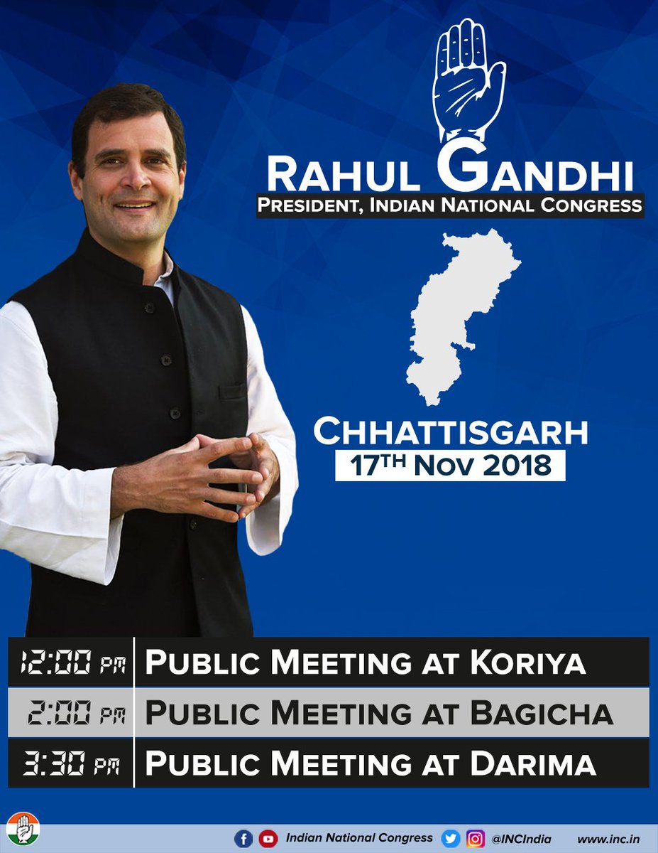 INCIndia's tweet photo. Congress President @RahulGandhi will be in Chhattisgarh today to address several public rallies &amp; interact with the people. https://t.co/X9TW5xqyO5