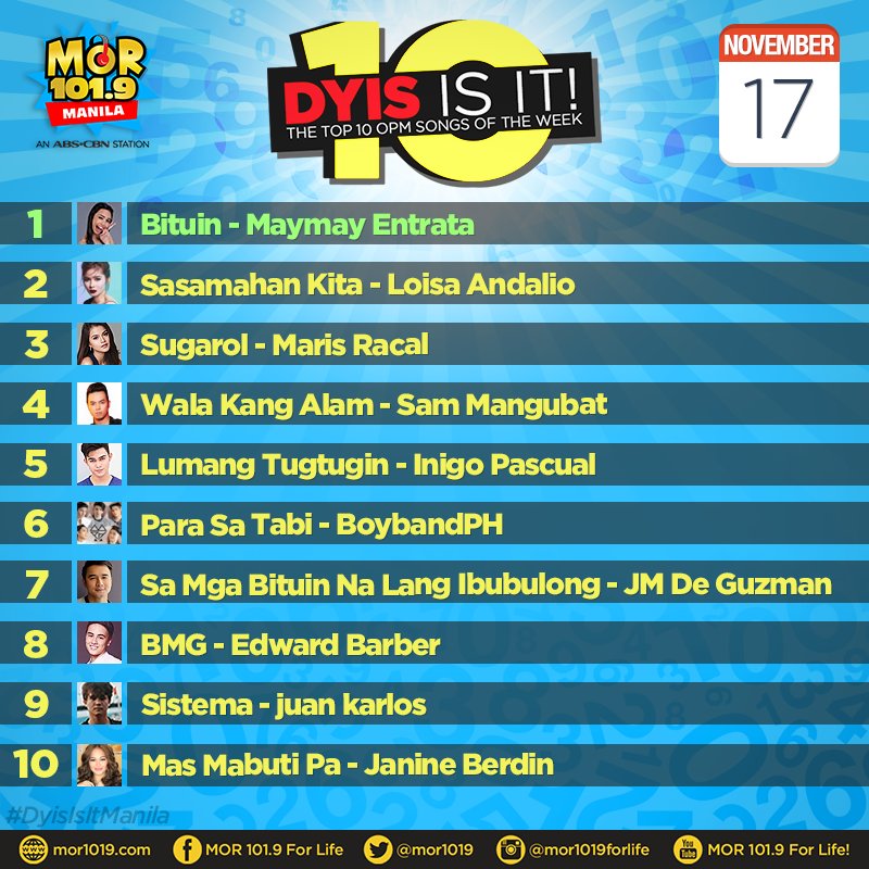 MORentPH's tweet photo. DYIS IS IT! Ang mga kantang pasok at nananatili sa ating Manila Countdown ngayong linggo, November 17, 2018. https://t.co/CbrdxAja61