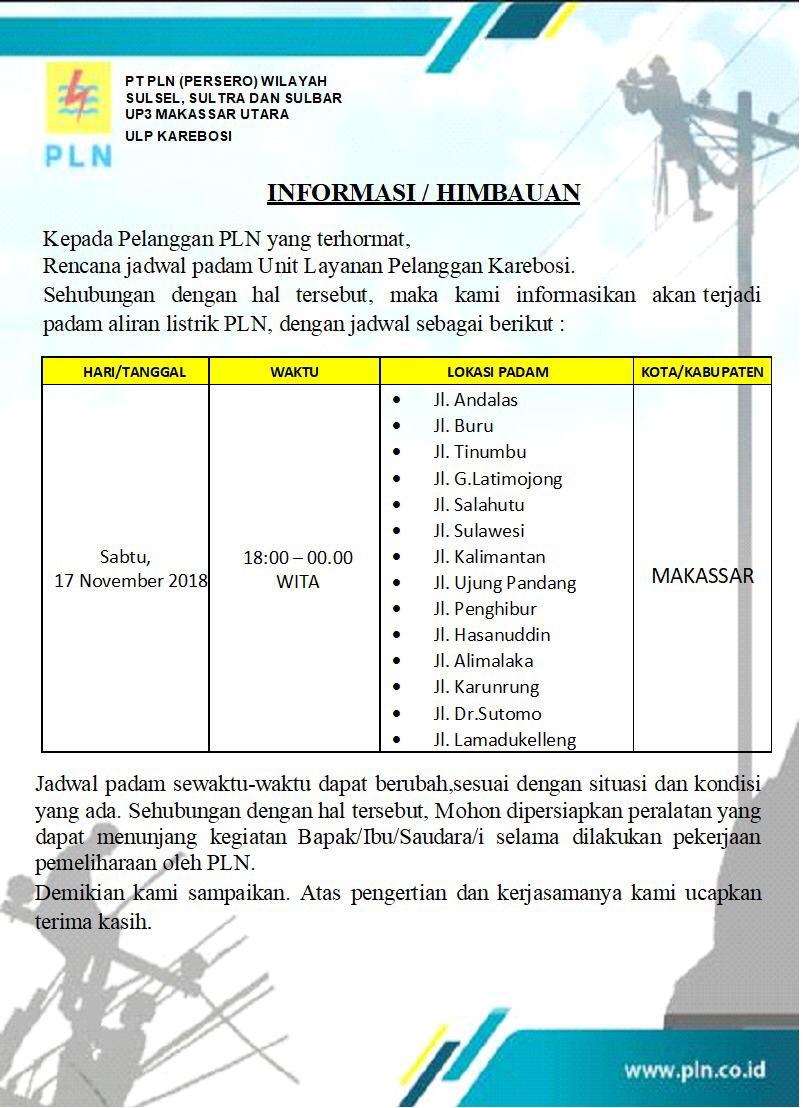 DiskominfoMks's tweet photo. 13.18 Berikut informasi pemadaman listrik beberapa lokasi di Kota Makassar hari ini (17/11)
cc: @SupirPete2 @Daeng_Info @infoMKS_ @infotabedaeng https://t.co/Co8n2plZCI