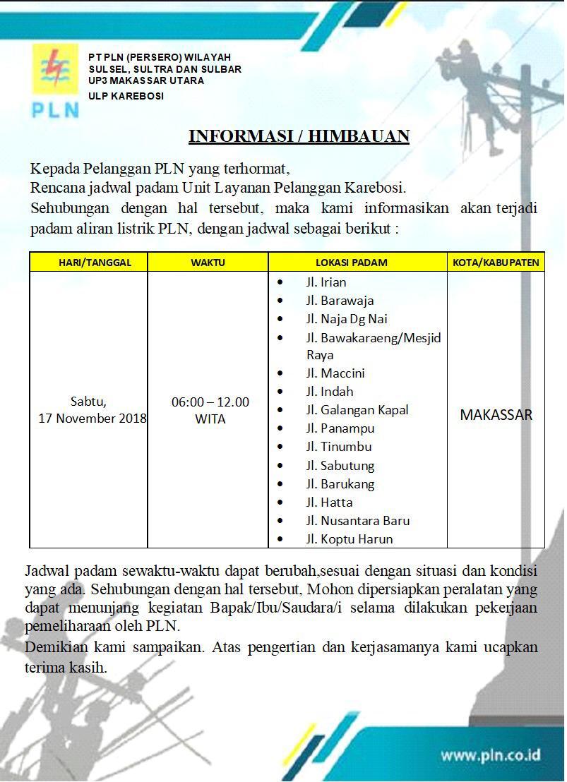 DiskominfoMks's tweet photo. 13.18 Berikut informasi pemadaman listrik beberapa lokasi di Kota Makassar hari ini (17/11)
cc: @SupirPete2 @Daeng_Info @infoMKS_ @infotabedaeng https://t.co/Co8n2plZCI