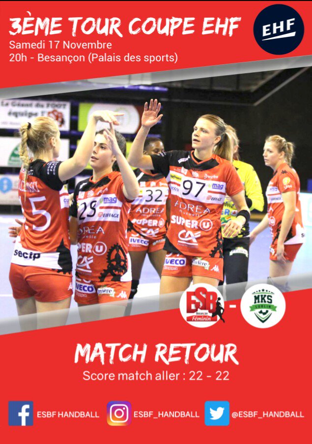 ESBF_Handball's tweet photo. 🔴🔴 JOUR DE COUPE D'EUROPE 🔴🔴
📅 Match retour du 3ème tour de #EHFCUP
🆚 @mkslublin
🕒 20h00
🎯 Se qualifier pour les phases de groupe !
À suivre en live-tweet sur @ESBF_Handball !
#TeamESBF #TousEnRouge https://t.co/97B6YOHs3H