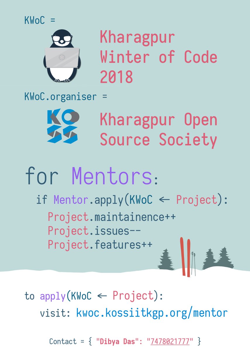 kossiitkgp's tweet image. We invite enthusiastic mentors from open source community across the globe to share their knowledge with the budding developers and help spread the love of open source. Registrations have started.
Submit your project at : kwoc.kossiitkgp.org/mentor_form
#OpenSource
#WinterOfCode