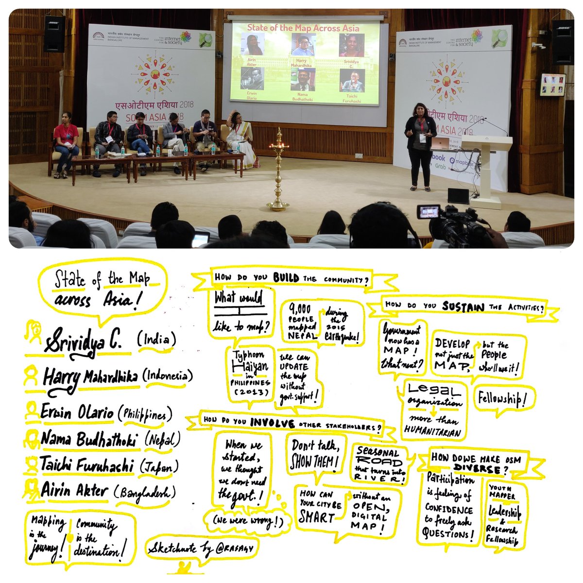 rasagy's tweet photo. Next, we had an interesting panel on building, sustaining &amp; diversifying @openstreetmap community — “State of the map across Asia” — ft. @srividyacb 🇮🇳, @harrymahar 🇮🇩, @GOwin 🇵🇭, @Nama_Budhathoki 🇳🇵, Taichi 🇯🇵 &amp; Airin 🇧🇩. Moderated by @fofliajinal.

#sketchnotes #sotmasia18 https://t.co/c6i95zOp5K