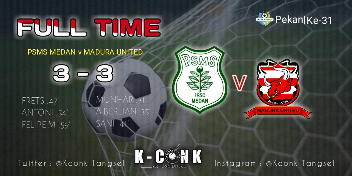 MADURA Sempat unggul dibabak pertama, tapi dibabak kedua PSMS MEDAN Membalas kekalahan mereka dibabak Pertama, MADURA UNITED harus berbagi point dengan PSMS MEDAN hari ini.
Terima kasih laskar sapeh kerrap atas perjuanganmu hari ini🙏🙏
#settongdhere 
#kconkmania
#madurahargamati