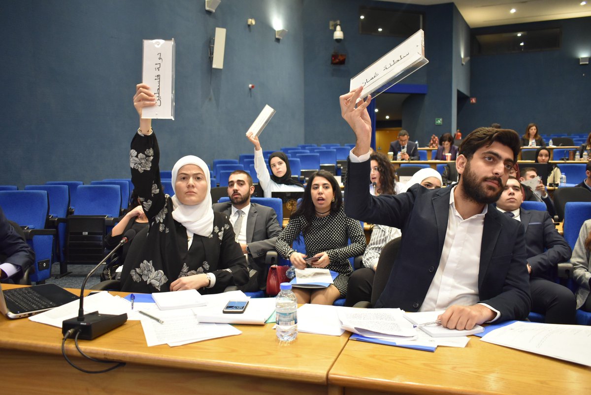 UNESCWA's tweet photo. Very animated series of questions and responses at the #ModelESCWA conference. Delegates eager to make their cases as we near the drafting phase, where the conference will seek to agree on an outcome document. https://t.co/6SQQ3DQbcQ