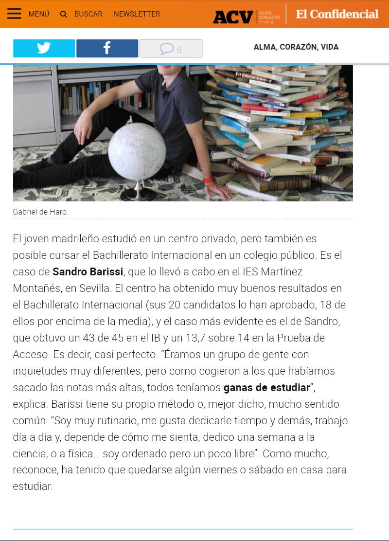 Sandro es uno de nuestros compañeros que han obtenido unos resultados increíbles, por no hablar de su medalla de plata en las Olimpiada Española de Física y  de "Beca Europa".
#SalvemosElBIMM