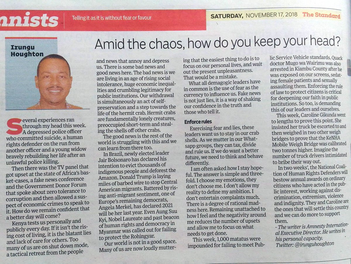 irunguhoughton's tweet photo. Kenya tests us personally and publicly every day. How do we remain confident that a better day will come? Some practical tips... #HRDAwardKE #StandardSettingKE https://t.co/d6LKvOVg32 https://t.co/mXOlYkd4jL