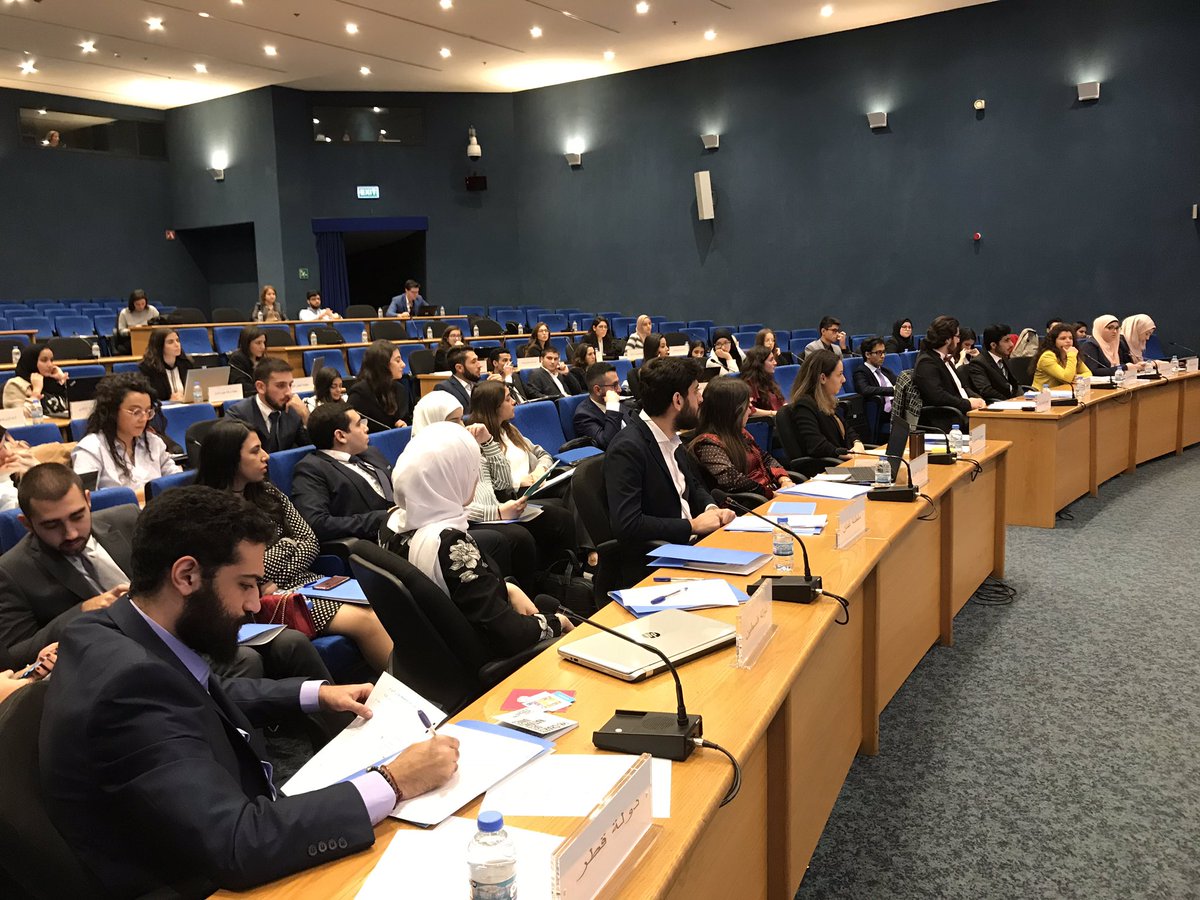 UNESCWA's tweet photo. 3, 2, 1...#ModelESCWA 2018 has officially kicked off! 70 students have taken over the main hall and are ready to take part in a unique hands-on simulation of multilateral diplomacy. They’ll be attempting to formulate a @UN resolution for a more stable &amp; sustainable Arab region. https://t.co/o4iO0ECjup