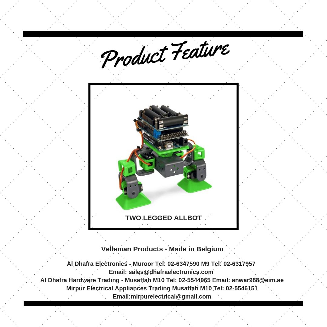 sales_aldhafra's tweet photo. The ALLBOT® is a modular #robot system with #Arduino® compatible robot shields. Build and enhance the robot, learn how to program, use the app and have fun! Specification of this Two Legged #ALLBOT is servo motor connector shield (VRSSM) #kits #projects #mechanics #velleman #auh https://t.co/0MnFtL1Roi