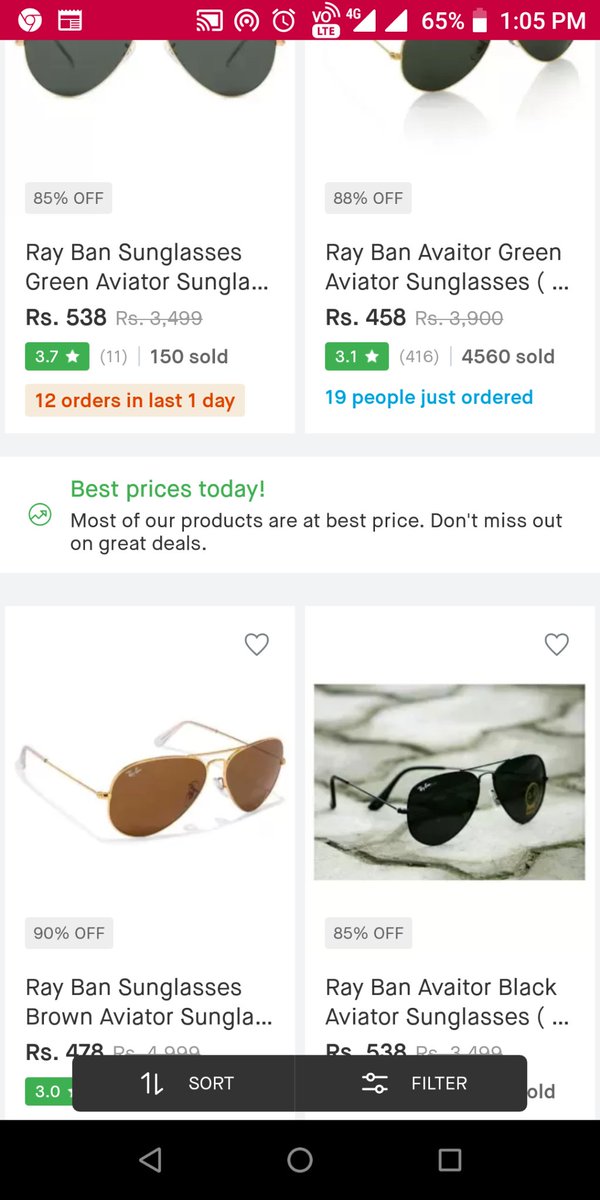 ray ban aviator sunglass 499 only