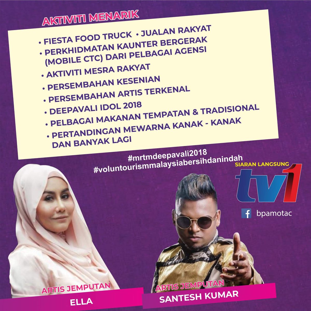 TourismMalaysia's tweet image. MAJLIS RUMAH TERBUKA MALAYSIA DEEPAVALI 2018

Tarikh : 25 November 2018

Masa : 10.30 pagi - 11.00 malam

Tempat : Kompleks Sukan Pandamaran, Klang, Selangor

Pelbagai persembahan dan aktiviti-aktiviti menarik akan diadakan. Datang beramai-ramai!!!!!

 #MOTAC #AirAsia #MRTM