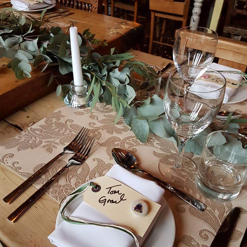 Our gorgeous wooden tables dressed for a #winterwedding with loose eucalyptus & gold brocade runner. Styling by @weddinghelperuk foliage by @TheIvoryFlowers @ivoryflowersbristol #winter #wedding #styling #weddingvenue #somersetwedding #countrywedding #pubwedding #weddingoals