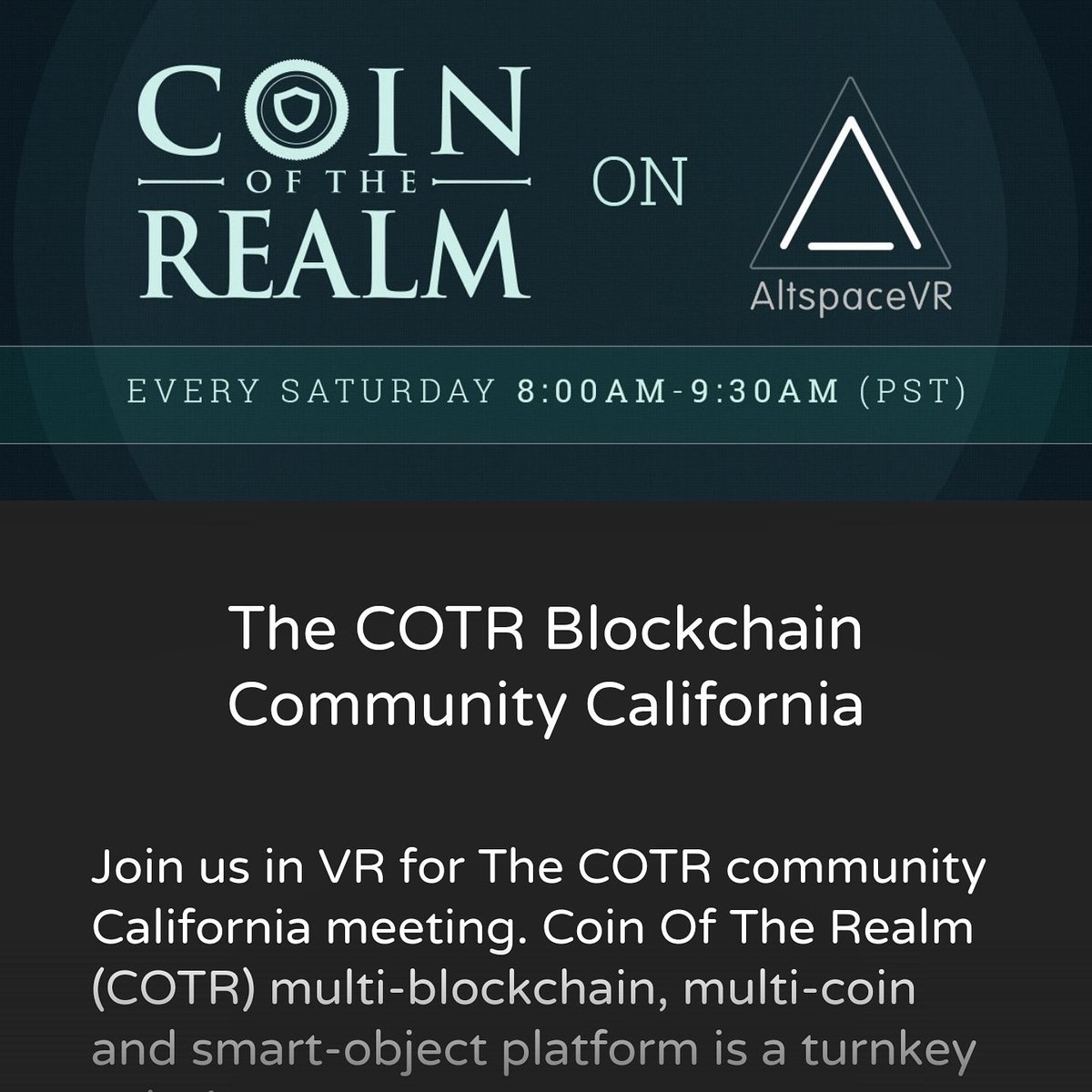 coinoftherealm's tweet photo. Happy #VRDay today! 😎

Come join us in roughly 8 hours from now, Saturday 8:00AM to 9:30AM (PST) on AltspaceVR
https://t.co/J28mxyBHL9

We'll be talking about
#coinoftherealm #blockchain #cryptocurrency #vr and more!

 @AltspaceVR @htcvive @oculus https://t.co/Va3blNK31Z
