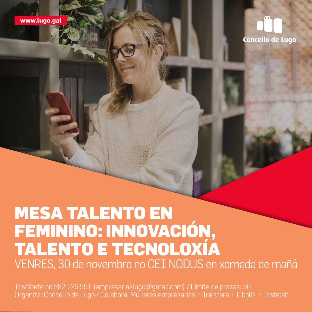 LabTaste's tweet image. 📣 MESA DE TALENTO EN FEMININO #innovación #talento #tecnoloxía 🚀👩‍💼 

📌🗓 VENRES, 30 de novembro no Cei Nodus. Apúntate!📞 982 226991 ou do 📧 empresariaslugo@gmail.                              Con @triesfera y @Libolis cc/@empresariaslugo