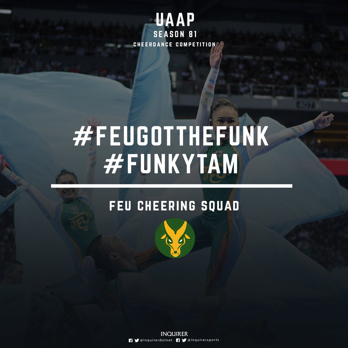 inquirersports's tweet photo. Up next: The FEU Cheering Squad! #FEUGotTheFunk  #FunkyTam #UAAPCDC2018 https://t.co/qs1t0pkdDc