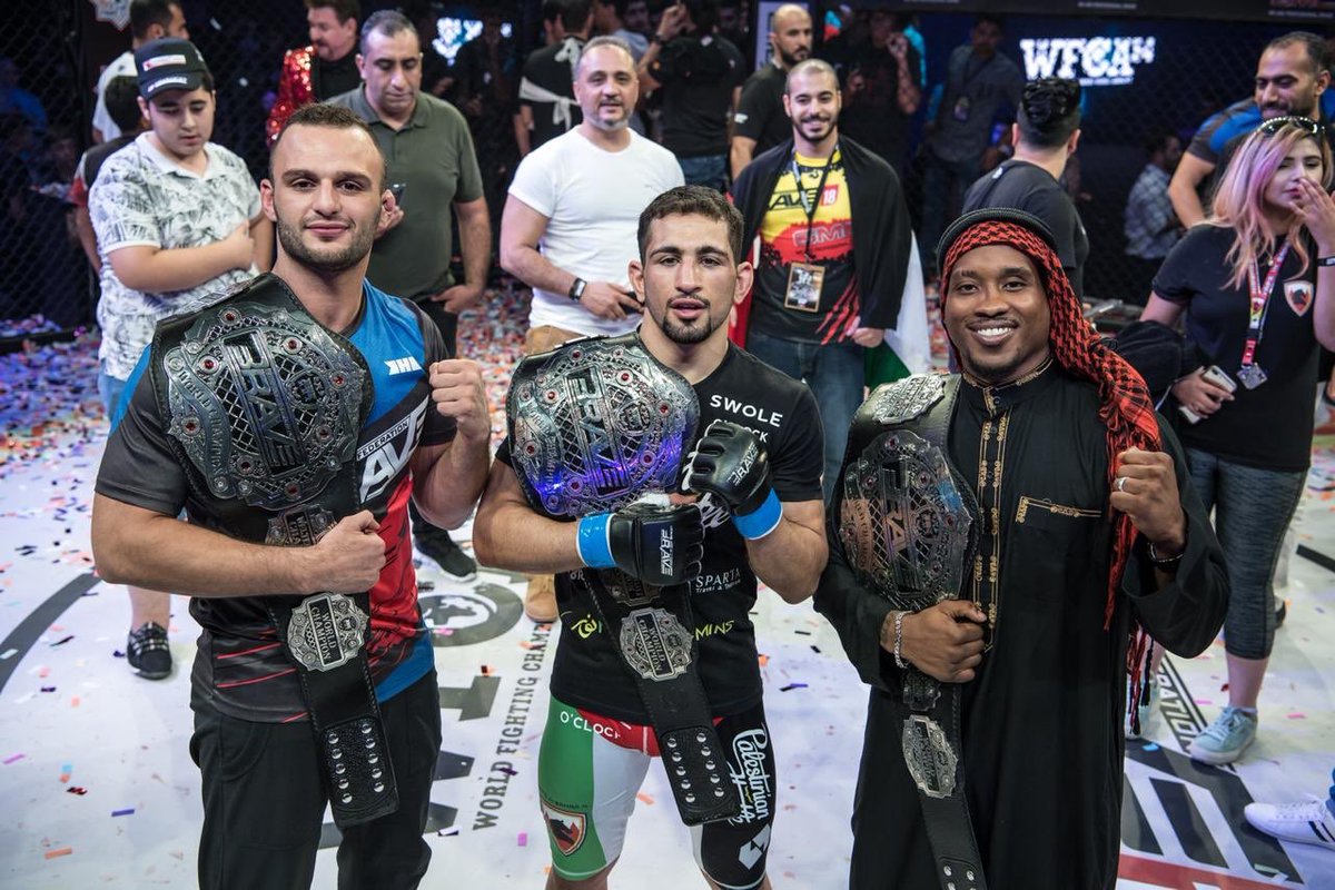 bravemmaf's tweet photo. The champs are here! Brave Welterweight World Champion Jarrah Al Selawe, Brave Featherweight Champion @BubbaJenkinsMMA and the new Brave Lightweight World Champion of the world Abdul Kareem Al Selwady. #BraveCF18🇧🇭 #AndeNew #BraveChampion https://t.co/p02sZ0bl2v