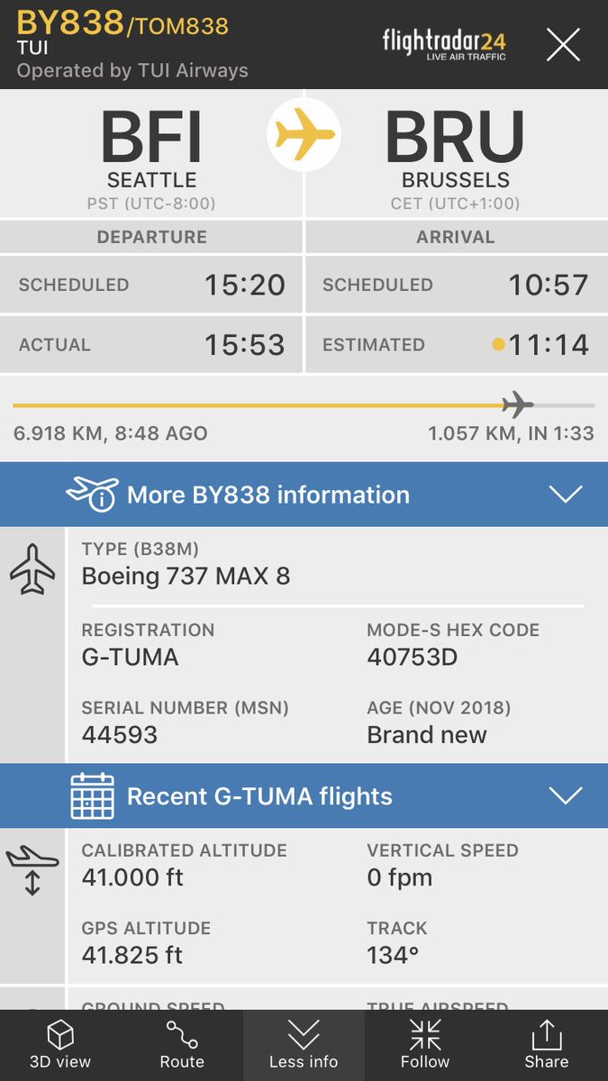 FlightIntl's tweet photo. Delivery: TUI Airways has taken delivery of its first Boeing 737 MAX 8

The brand new aircraft (Reg. G-TUMA) is currently on its way from Seattle (BFI) to Brussels https://t.co/zpwde2r6Ai https://t.co/mVwpwyed6T