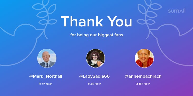 Our biggest fans this week: <a href="/Mark_Northall/">Mark Northall</a>, <a href="/LadySadie66/">Sadie Skipworth</a>, <a href="/annembachrach/">Anne Bachrach</a>. Thank you! via sumall.com/thankyou?utm_s…