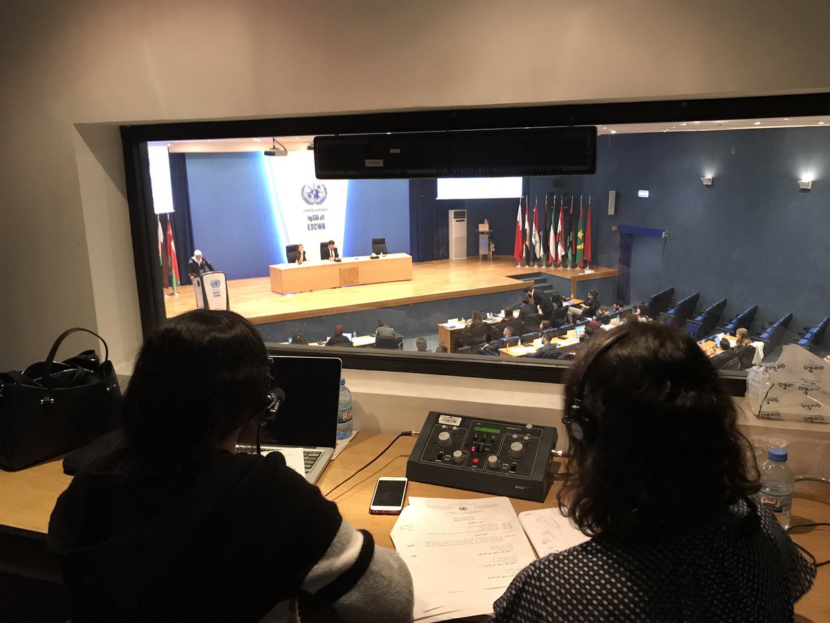 UNESCWA's tweet photo. For the first time at #ModelESCWA, @USJLiban students are collaborating with ESCWA’s Conference Services to provide interpretation from Arabic into French and English, modeling conditions at actual @UN conferences. https://t.co/2Hl36wSuLD