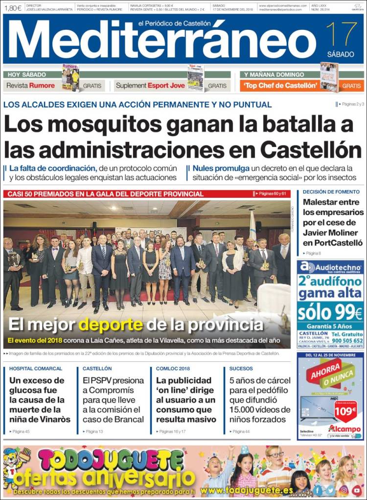 ximogorriz's tweet photo. Hoy sábado 17 en las #portadasdeCastellón, #mosquitos @NulesInfo @Alfbataller @alibrancal @AjuntCastello #BandaMunicipalCS #GalaDeporteCS @APDCS @LaiaCanes @GVASalutVinaros #ComLoc18 @UJI_noticias #sucesos @javiermoliner @portcastello @veroruiziau @AreaSeguridadCS @feriadestaca https://t.co/PIkDlEBmaA