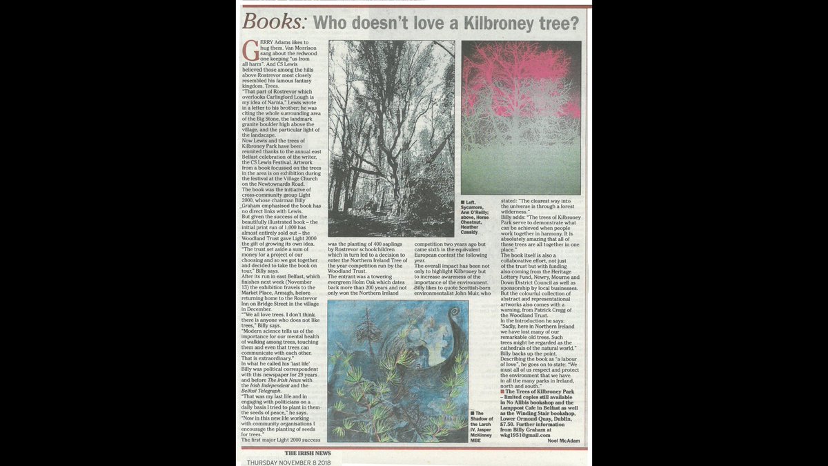 Thanks to Noel McAdam for this article in @irish_news about our book 'The Trees of Kilbroney Park' @Light20002 @PatrickDCregg @WoodlandTrust @HamillGillian @DonaldsonMoyra @pearldiver23 @NOALIBISBOOKS @CSLewisFest @ACNIWriting @mariannevill714 @CathyCole66 @Nessao