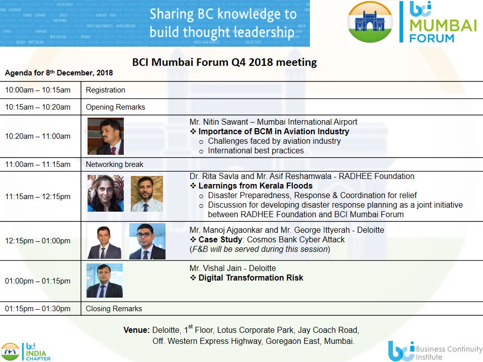Hello Everyone, the BCI Mumbai forum committee is glad to announce that the Q4 2018 meeting will be held on 8th December.
The time, agenda and venue details are in the attached invite. We will soon share the web link to register for the event.