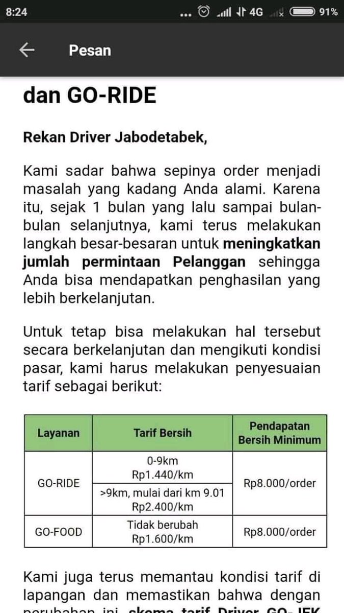 LediKurniawan's tweet photo. Kesewenang-wenangan pemberlakuan tarif yang terlalu murah dilakukan sepihak PT @gojekindonesia, mengakibatkan turunnya kualitas pelayanan dan banyak orderan yg sulit untuk mendapatkan Driver
Cc : @jokowi @kemenhub151 @BudiKaryaS
#SaveDriverGojek 
#TolakTarifMurah
#SalamSatuAspal https://t.co/JR9TIDJXRP
