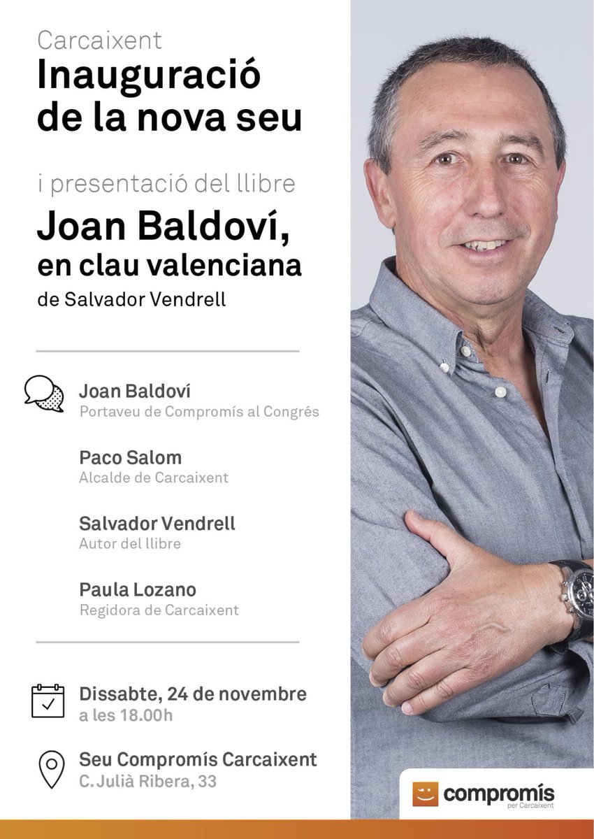 c_carcaixent's tweet photo. El dia 24, a les 18h, ens visitarà @joanbaldovi per inaugurar la nova seu de Compromís  i per presentar el seu llibre "Joan Baldoví, en clau valenciana".

Amb: @Paco_Salom , Alcalde de Carcaixent, Salvador Vendrell, autor del llibre i @PaulaLC84 , regidora a l'Ajuntament https://t.co/KL7iGL4141