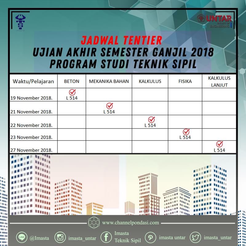 [PENGUMUMAN]

Diberitahukan kepada Mahasiswa/i Program Studi Teknik Sipil Universitas Tarumanagara berikut adalah jadwal tentier Ujian Akhir Semester Ganjil 2018

-IMASTA-