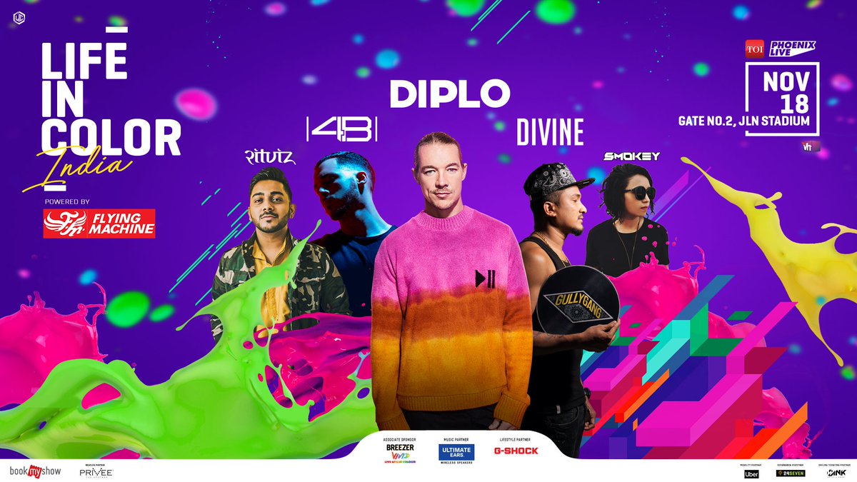 This weekend live #LifeInColor with <a href="/diplo/">diplo</a>, <a href="/VivianDivine/">DIVINE</a>, <a href="/DJ4B/">4️⃣🐝</a>, <a href="/RITVIZ/">riti</a> &amp; <a href="/SmokeySound/">Smokey</a>.

<a href="/lictourIndia/">Life In Color India</a>, Nov 18, JLN stadium.

Get your tickets now - bit.ly/LICIndia18

#LIC #LifeInColor #India #Diplo #Divine #4B #RITVIZ #Smokey #Party #Concert #Weekend