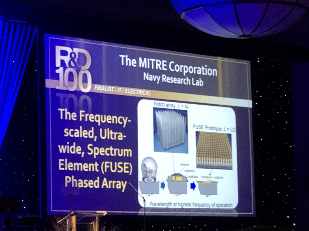MITREcorp's tweet photo. Congrats to the #MITREcorp team and Navy Research Lab for winning a #RD100 Award for their Frequency-scaled, Ultra-wide, Spectrum Element (FUSE) Phased Array! https://t.co/CNvT8oDa4q @RandDMagazine https://t.co/gL4liTARhw