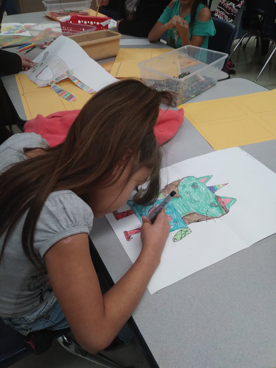 ArtwMrsMagee's tweet photo. Third grade students used a variety of different kinds of line, shape, texture and color to create a monster friend that lives in their closet. They will also write a story about their monster! #mesqart #lawrencemisd https://t.co/evWiOz52Dg