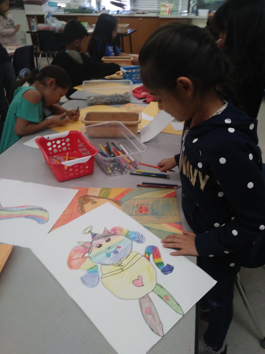 ArtwMrsMagee's tweet photo. Third grade students used a variety of different kinds of line, shape, texture and color to create a monster friend that lives in their closet. They will also write a story about their monster! #mesqart #lawrencemisd https://t.co/evWiOz52Dg