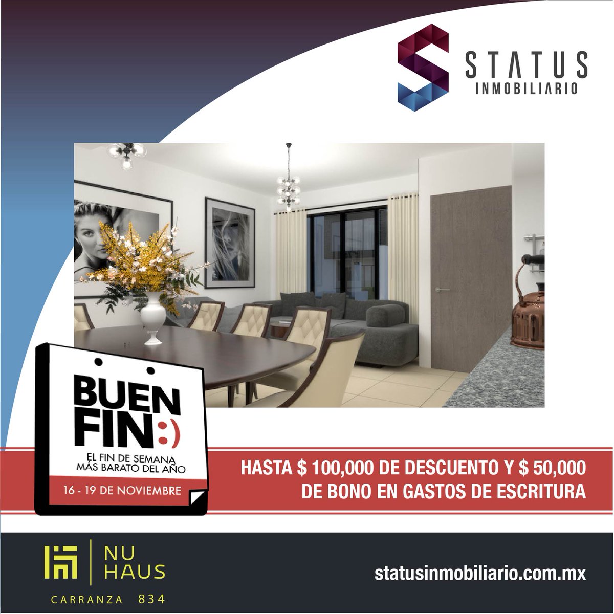StatusInmuebles's tweet image. #BuenFin llegó a #StatusInmobiliario para que puedas adquirir tu casa te damos $ 50,000.00 de bonos de escrituración en la compra de tu casa #NuHaus.
Casas nuevas con un concepto smart home, todo el control de tu casa desde tu teléfono celular.
statusinmobiliario.com.mx/nu-haus