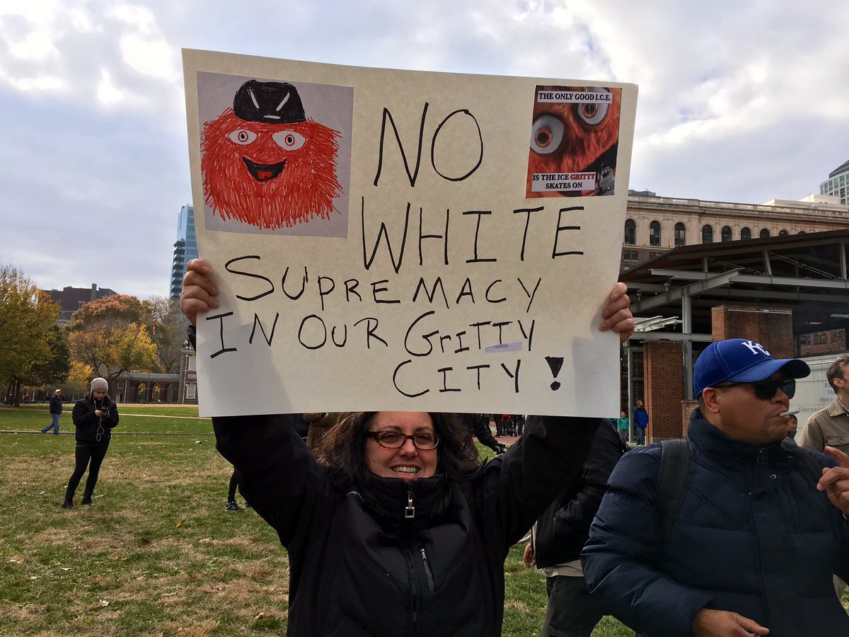 AshAgony's tweet image. Of course, there’s some Gritty signs on the antifascist side here in Philly. #PushBack