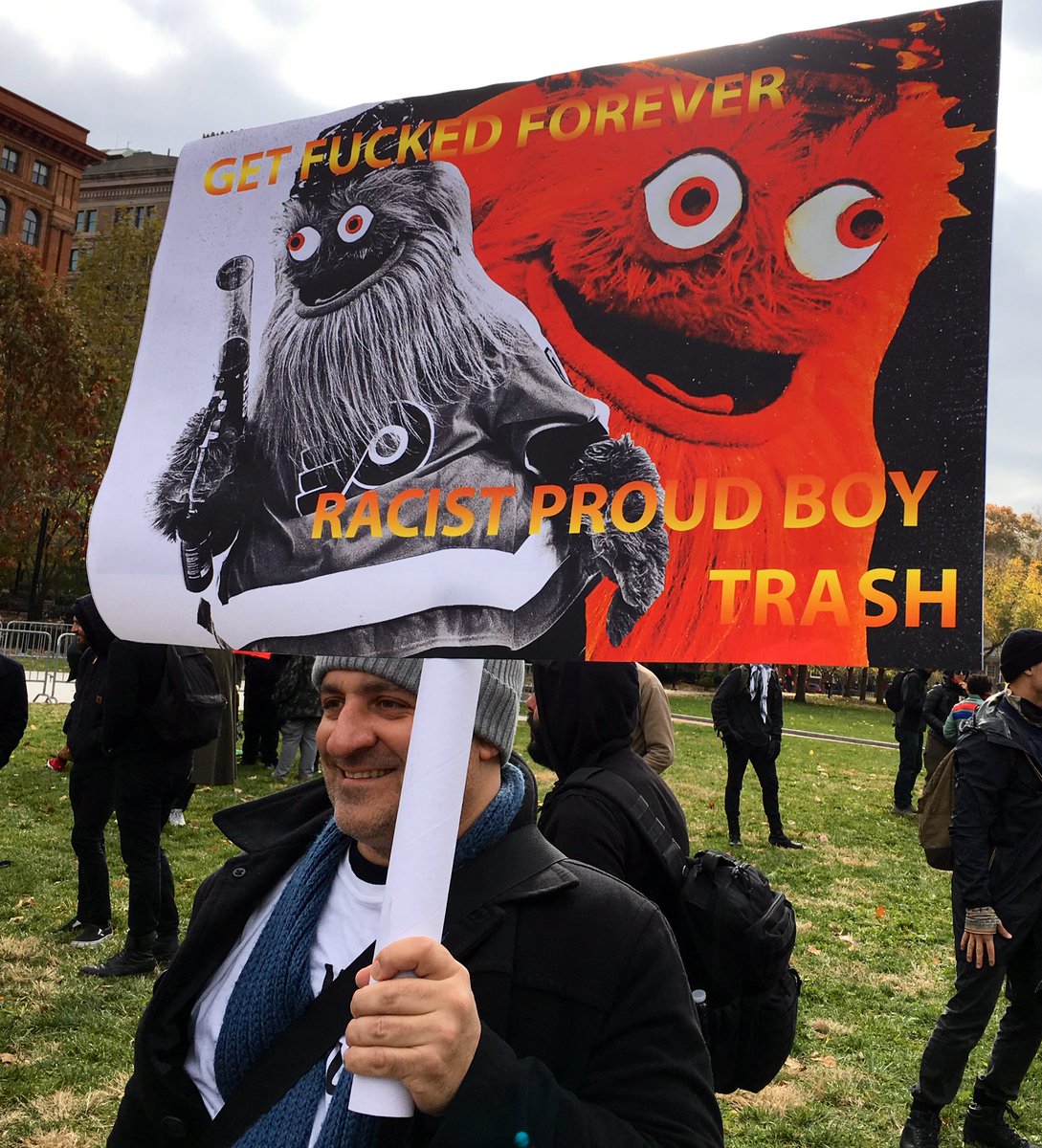 AshAgony's tweet image. Of course, there’s some Gritty signs on the antifascist side here in Philly. #PushBack
