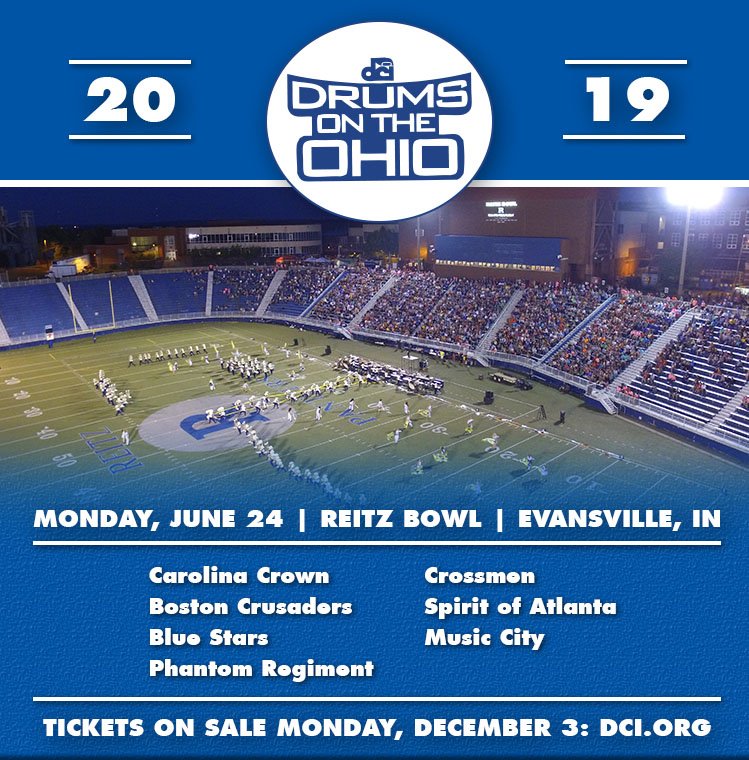 ,We are proud to announce our <a href="/DCI/">Drum Corps International</a> 2019 line-up for <a href="/DrumsOnTheOhio/">DRUMS on the OHIO</a>. We can't wait to welcome <a href="/CarolinaCrown/">Carolina Crown</a>, <a href="/bostoncrusaders/">Boston Crusaders</a>, <a href="/TheBlueStars/">The Blue Stars</a>, <a href="/PhantomRegiment/">Phantom Regiment</a>, <a href="/Crossmen/">Crossmen Drum and Bugle Corps</a>, @SpiritDrumCorps, and <a href="/MusicCityDC/">Music City</a> on Monday, June 24! #DRUMSOTO #DRUMCORPS #dci2019