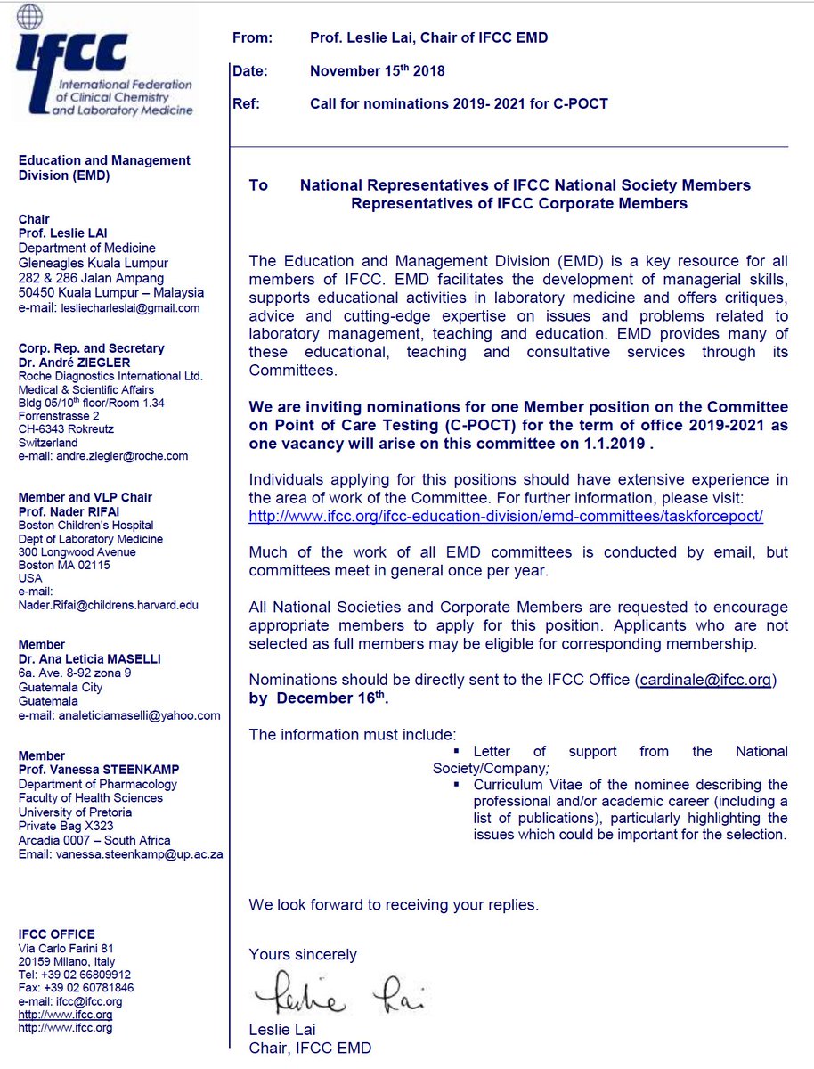 IFClinChem's tweet photo. The Education and Management Division (EMD) of #IFCC is inviting nominations for one Member position on the Committee on Point of Care Testing (C-POCT) for the term of office 2019-2021 as one vacancy will arise on this committee on 1.1.2019 .
https://t.co/sc6WWHuhx6 https://t.co/3XAqNjZKJ7