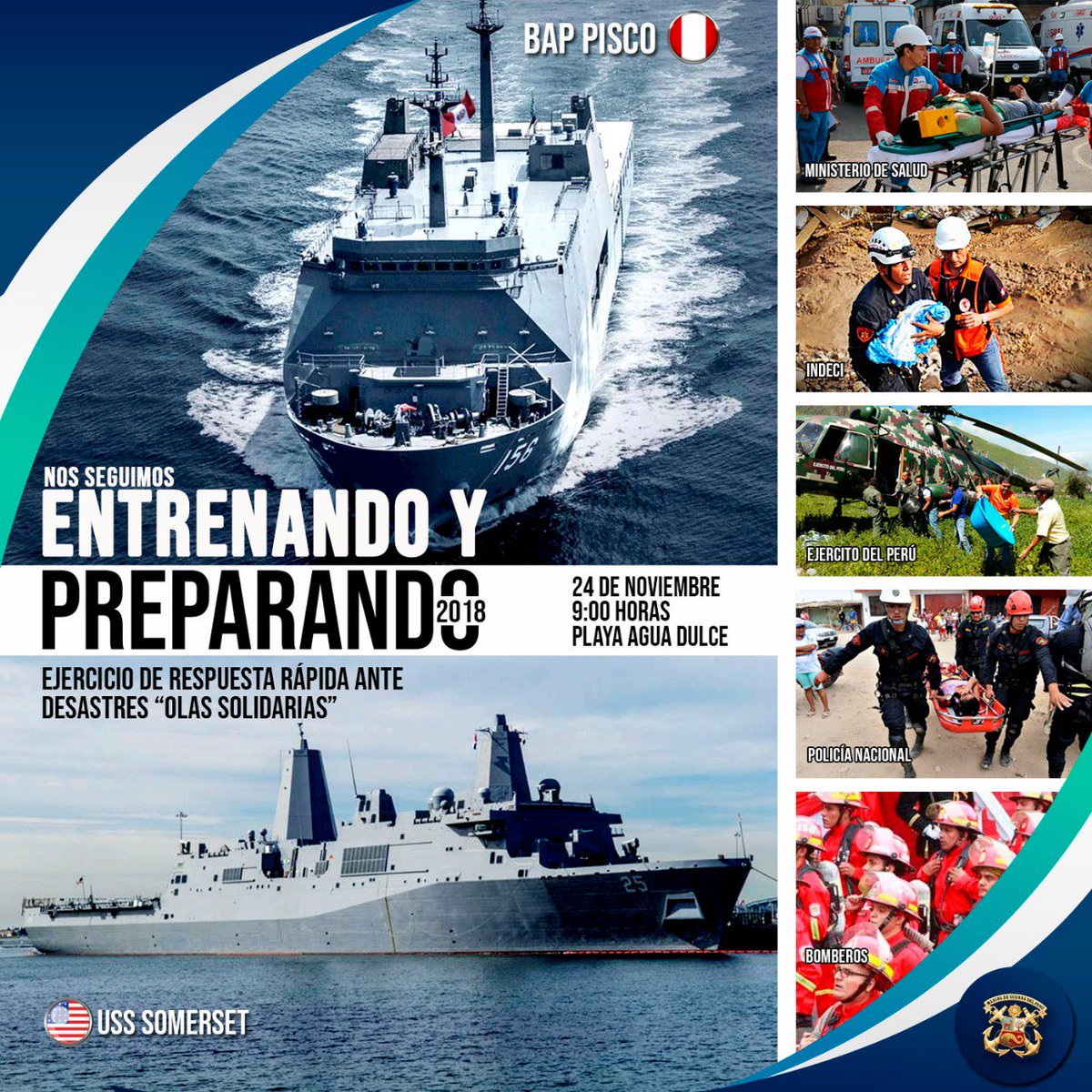 naval_peru's tweet image. Este 24 de nov, a las 9:00 am, en la Playa Agua Dulce, podrás presenciar el ejercicio combinado y multisectorial de respuesta rápida ante desastres naturales. La #FuerzadeTareaIntegrada demostrará in situ su accionar #rápido y #efectivo 
#OlasSolidarias🌊 #PromesaDuradera🤝