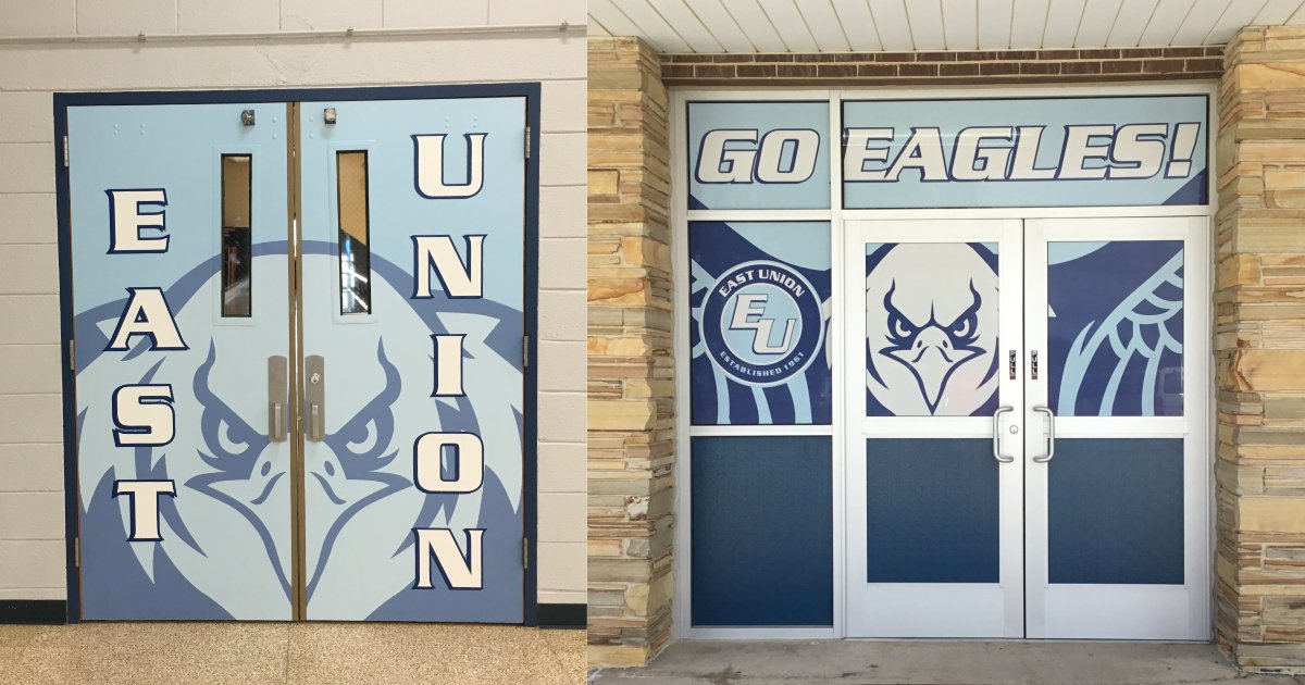 SportsG87's tweet image. Interior and exterior doors are both key elements in promoting your brand. (East Union CSD - IA) #doorgraphics #windowgraphics #schoolbranding #branding