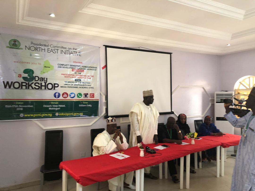 Sophyemman's tweet photo. Arc Yerima Sale  Commissioner RRR giving the closing remarks at the @NePcni Workshop for NUJ members Conflict Sensitive Humanitarian and Development Reporting Workshop in Maiduguri, Borno State. https://t.co/yhRvQYYMIR