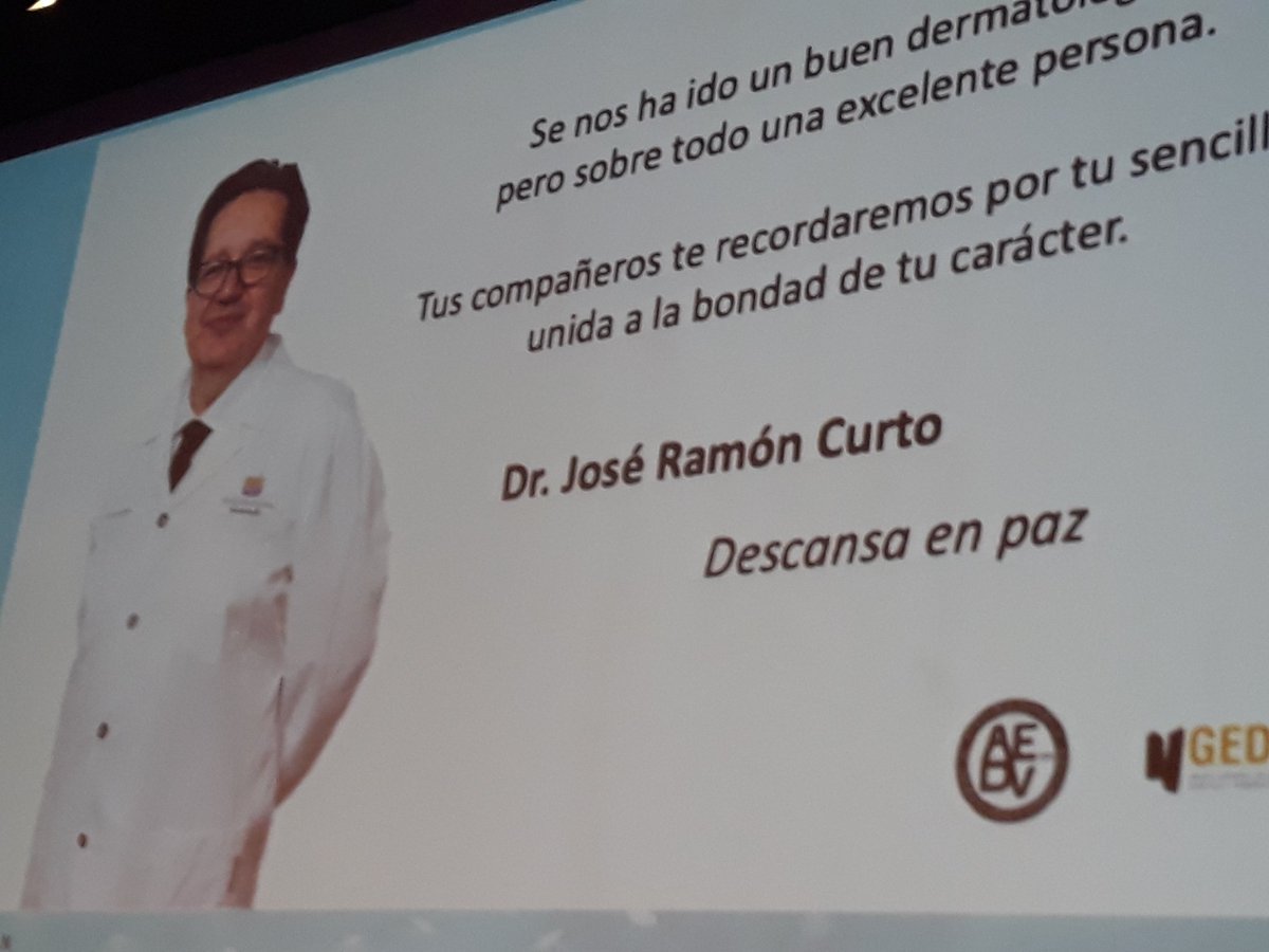 aedv_es's tweet photo. Sincero homenaje al Dr. José Ramón Curto, dermatólogo fallecido repentinamente en la Reunión de #GEDET2018
Sus compañeros y la AEDV dan su más sincero pésame a la familia. DEP. https://t.co/wNxNHbmSWj