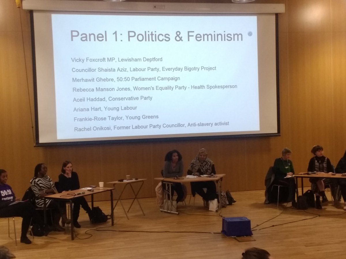 First panel at #FeminisminSchools conference including @vickyfoxcroft , @shaistaAziz, @JustRMJ, @Aceil, @frankierose_, @RachelOnikosi, Ariana Hart and Merhawit Ghebre on politics and feminism #GirlsBreakingBarriers #Politics