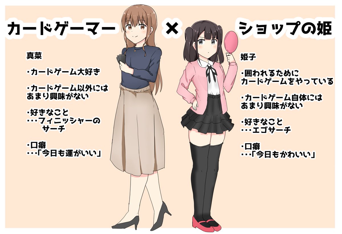 けぱ 毎週日曜マンガ更新 Op Twitter カードゲームやってる女の子の漫画 の主要メンバーです 年齢設定が 真菜 姫子 １７歳 高校生 まりー １３歳 中学生 角屋 ２０歳 大学生 です この子たち以外にキャラはほぼ出てこないので この子たち