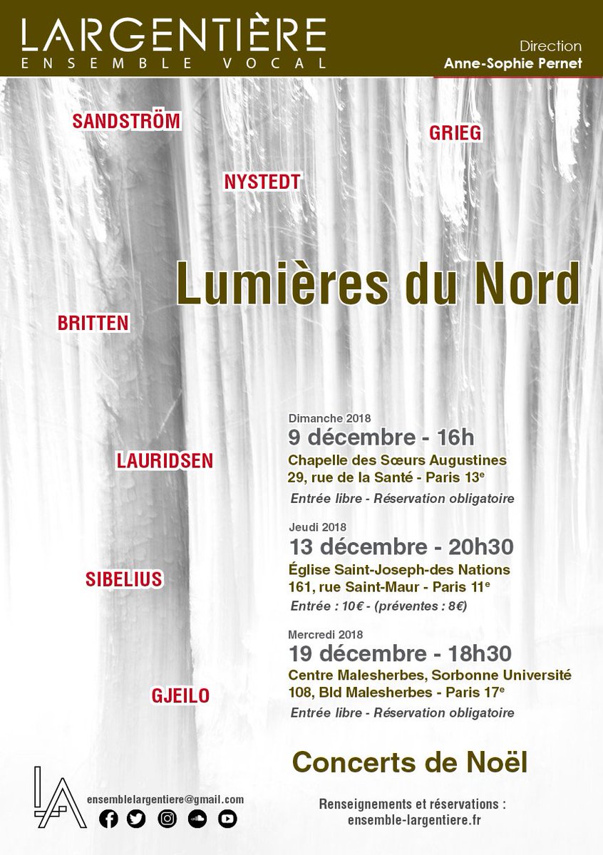 EVLargentiere's tweet photo. Voici les dates de nos concerts de Noël !
Avec #lumieresdunord, découvrez les sonorités traditionnelles ou contemporaines scandinaves, atmosphÚre boréale garantie !
Réservation obligatoire https://t.co/efiaqIPuCH
#concert #choir #paris #musique #ensemblevocal #noel #chĆur #music https://t.co/yeReMW2qc4