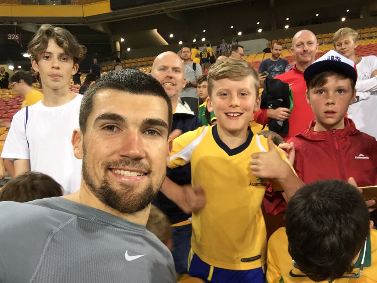 Matt_Layton13's tweet photo. Thanks to @MatyRyan for being so patient and spending up to and hour signing and taking selfies after tonight’s @Socceroos match. The kids, including my son, were won over by him. What a legend and good bloke. https://t.co/WR6TJK7EBm