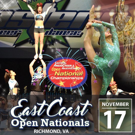 EasternChrDnc's tweet photo. Today is our East Coast Open Nationals! Good luck to all of the teams competing in Richmond, Virginia! #captureyourdream #easterncheeranddance #ecaeda #cheer #dance https://t.co/R4A7odv2KB