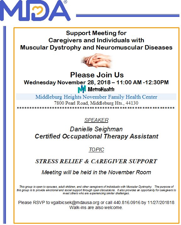 MDA_NEO's tweet photo. **Attention Caregivers** Join us on Wednesday, November 28th from 11:00am-12:30pm for a caregiver support group at Metro Hospital in Middleburg Heights! https://t.co/b49nkebRha
