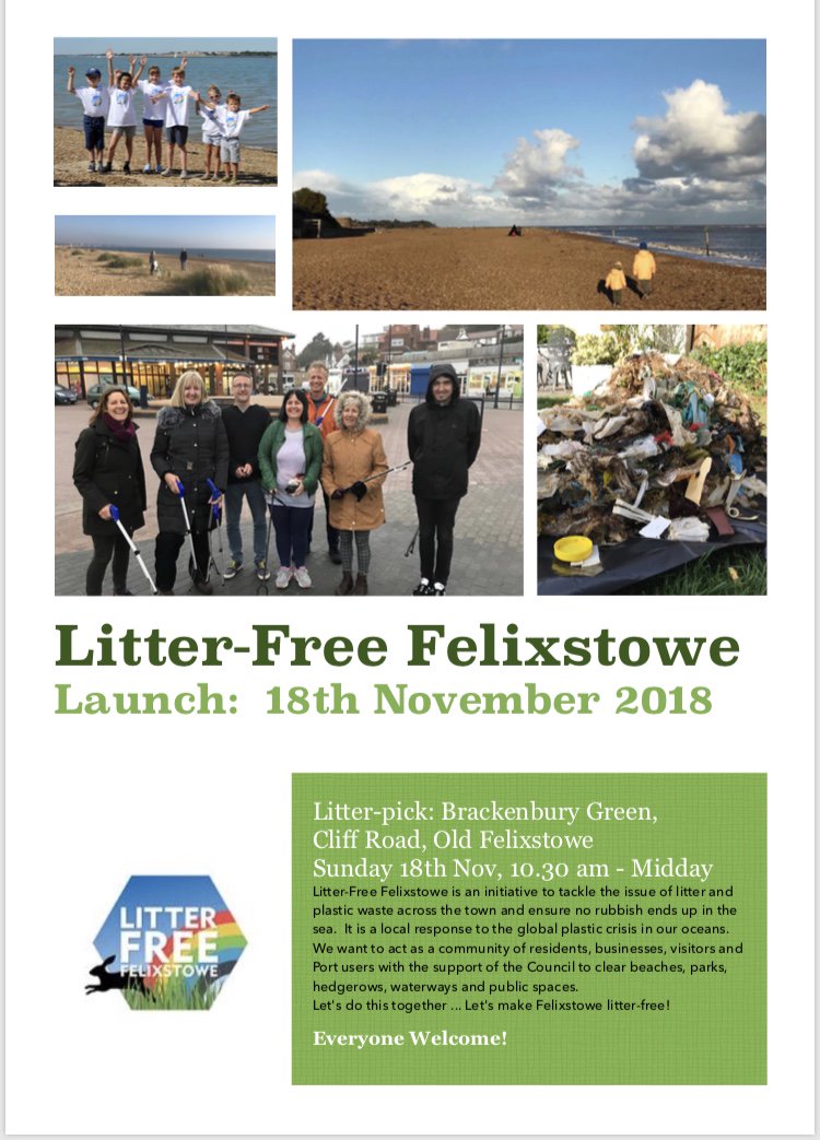 VisitFelixstowe's tweet photo. Our friends @plasticfreefx #Felixstowe are launching their new initiative 'Litter-Free Felixstowe' tomorrow (Sun). Join them at 1030 on Brackenbury Green (off Cliff Rd) for a litter pick and children's scavenger hunt. All welcome. Join their new FB group @ https://t.co/4zXXle7uE8 https://t.co/KZQtpmWvph